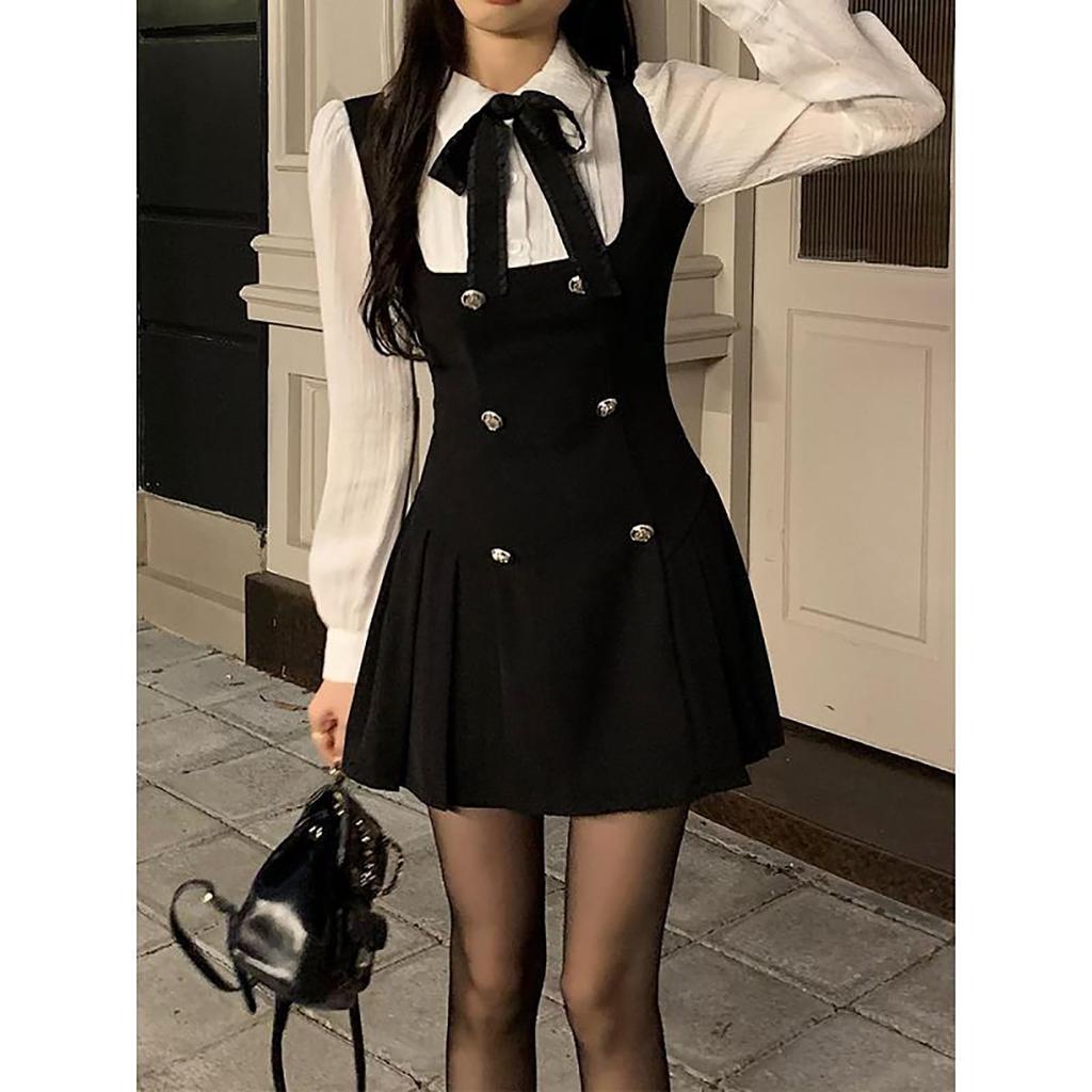LAVASEON Korean Style Docking Mini Bow Tie Long or Short Schoolgirl Cute High Elegant Women's Dress, Dress, Detail, Sleeve, Style, Ruffles, Waist,