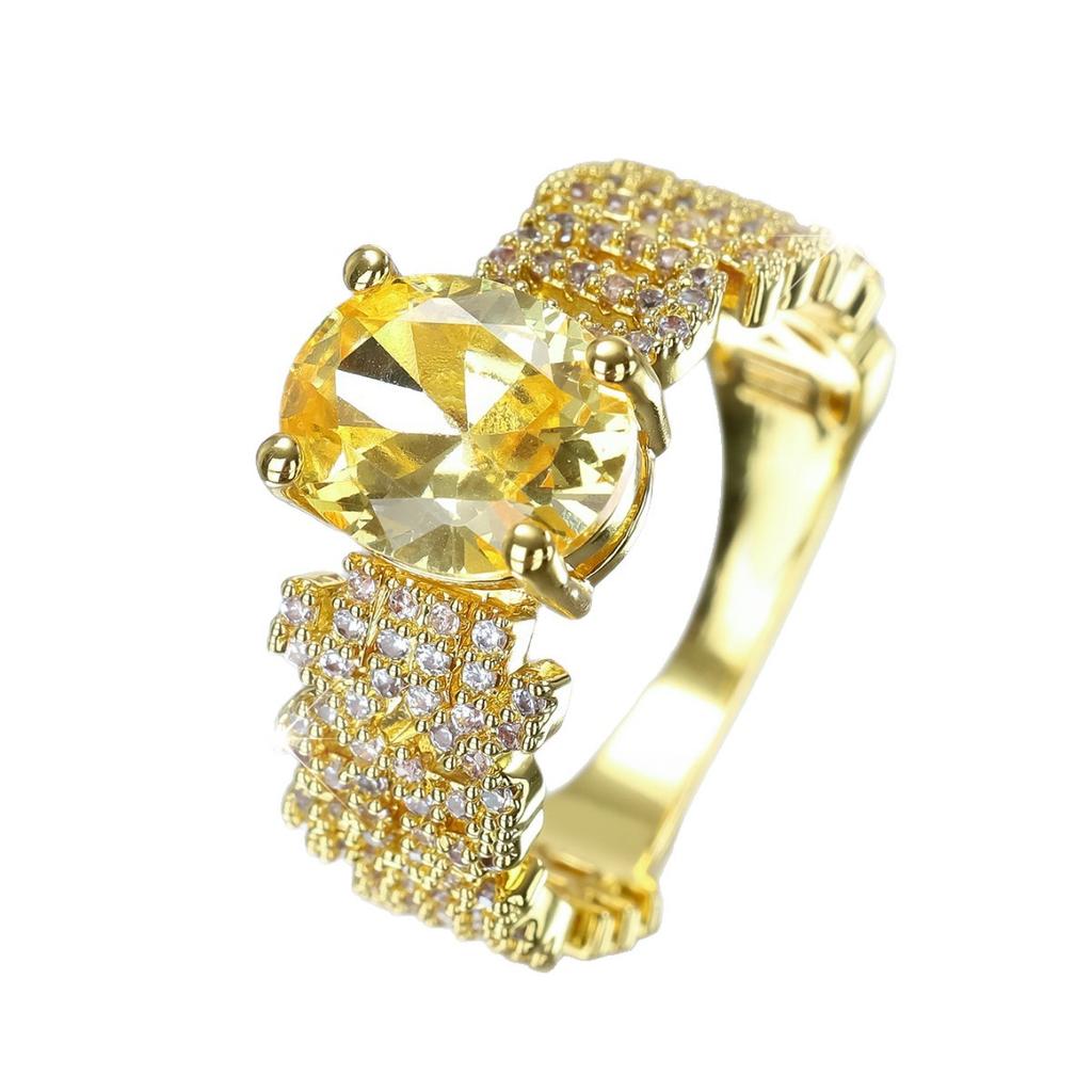 Exquisite Heavy Industry Egg Shaped Full Circle Yellow Zircon Ring with Luxurious Charm Shining Gift Matching Accessories