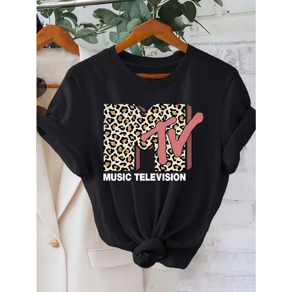 Sommer Damen MTV Leopardenmuster Buchstaben Grafikdruck modisch lässig Sport locker Rundhals Kurzarm T-Shirt Top 3XL gray