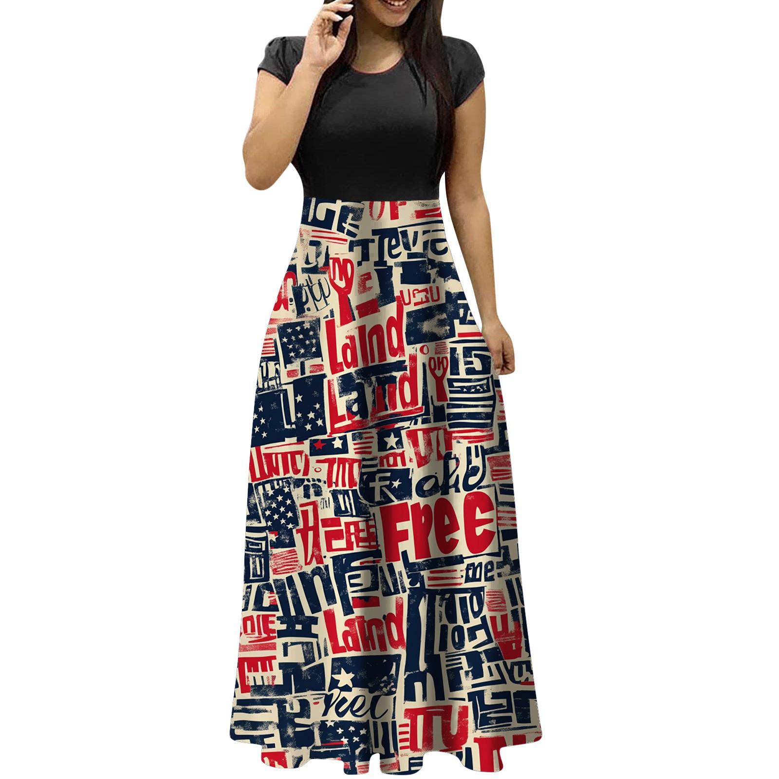 

Women s Fashion Casual Round Neck Independence Day Elegant Temperament Short Sleeve Dresses S червоний