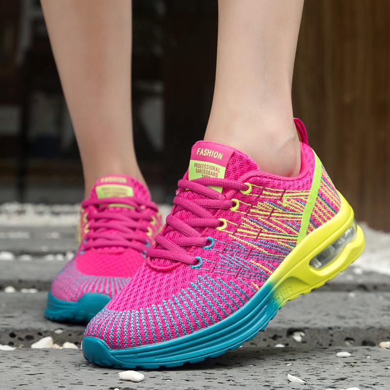Women Spring Autumn Flyknit Court Shoes Casual Lace Up Outdoor Breathable Sports Shoes Anti Slip Height Increasing Air Cushion Running Shoe 35-42