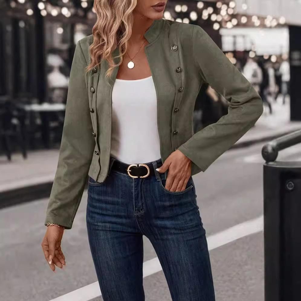 Retro Suede Double-Breasted Jacket with Decorative Buttons