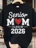 Senior MOM Class of 2026 Heart Tribute T-Shirt - Crinkle Texture Plus Size Men's Black Graphic Tee, Lightweight Summer S