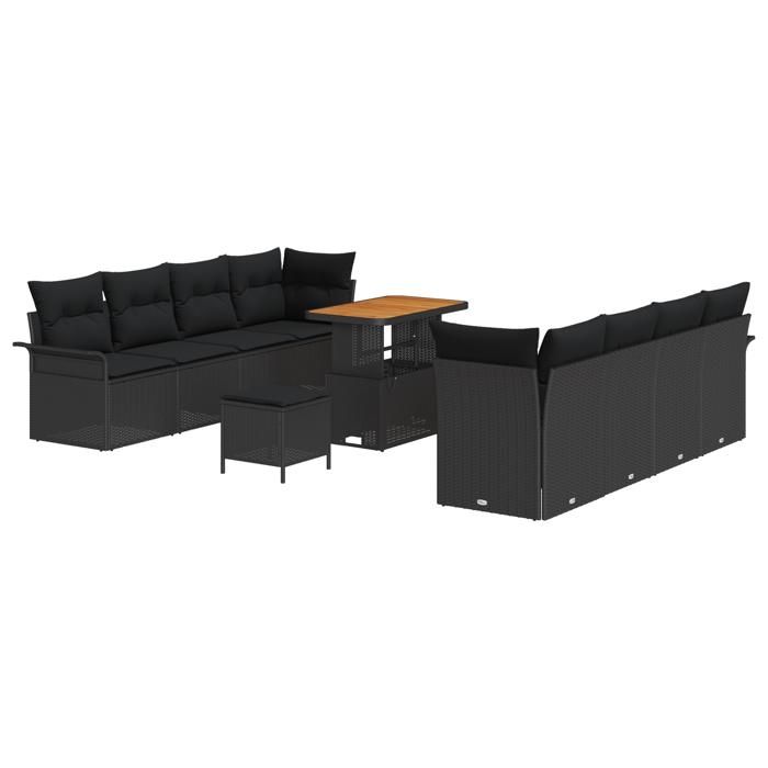Ensemble de Canapés de Jardin 11 Pièces avec Coussins Poly Rattan Noir Acacia, Canapé de Jardin 2 Places avec Rangement &amp; 3364059