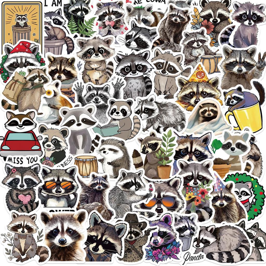 50 Cartoon New Raccoon Doodle Stickers Decorate Guitar Notebook Suitcase DIY Waterproof