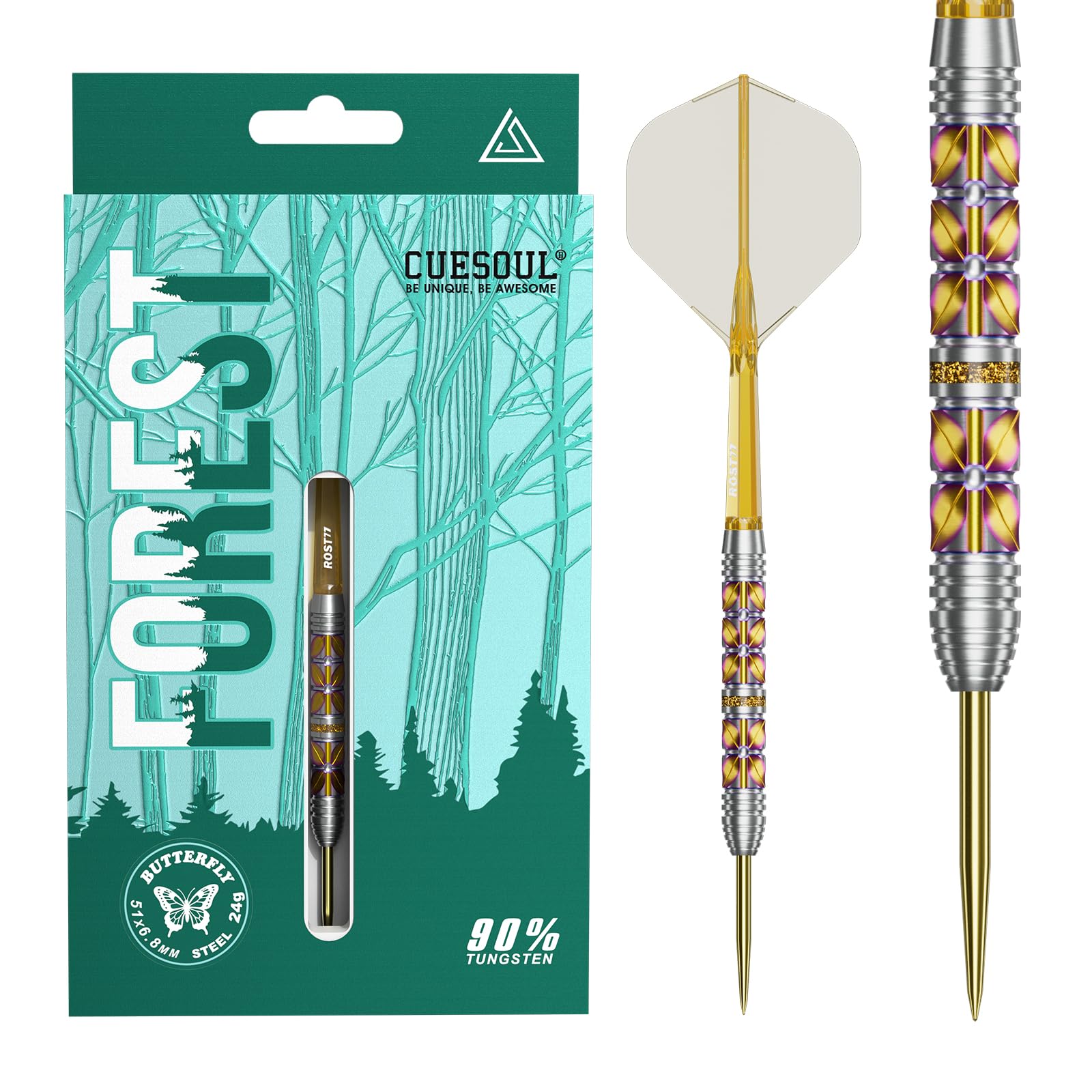 CUESOUL FOREST 22g steel tip darts 90% tungsten CSFS-90Y24KSLD titanium coated with transparent ROST77 integrated flights