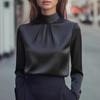 Women's Satin Shirt with Stand Up Collar and Pleated Long Sleeved Top, Elegant and Slimming Shirt for Commuting In The Workplace