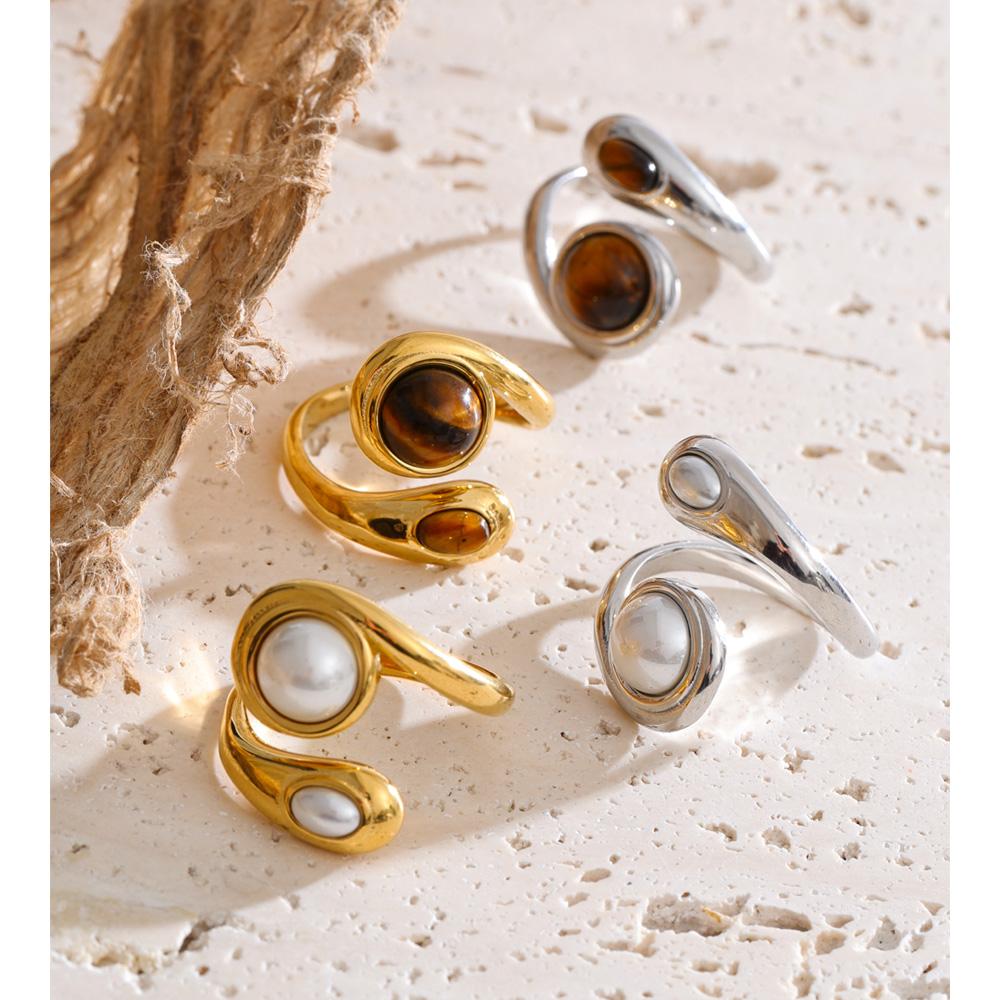 Yhpup Size 8 Natural Tiger Stone Simulated Pearls Finger Ring for Women Stainless Steel Trendy Fashion Daily Jewelry PVD Plated