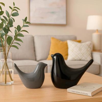 Creative Black and Grey Glossy Ceramic Birds Figurines Home Decorations Accessories Party (Pack of 2)