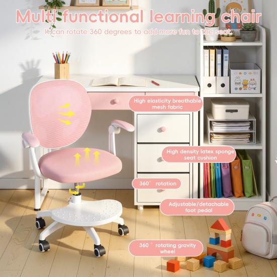 Silla Ergonómica de Estudio para Niños con Reposapiés Ajustable y Reposabrazos abatibles, Malla para Ordenador Infantil Oficina, Giratoria 360 grados para Habitación de Casa Dormitorio Sala de Estudio