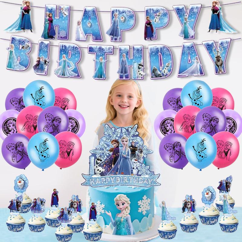Anime Frozen Themed Birthday Party Decoration Elsa Anna Cartoon Balloon Banner Take Photos Paper Glasses Props Party Supplies