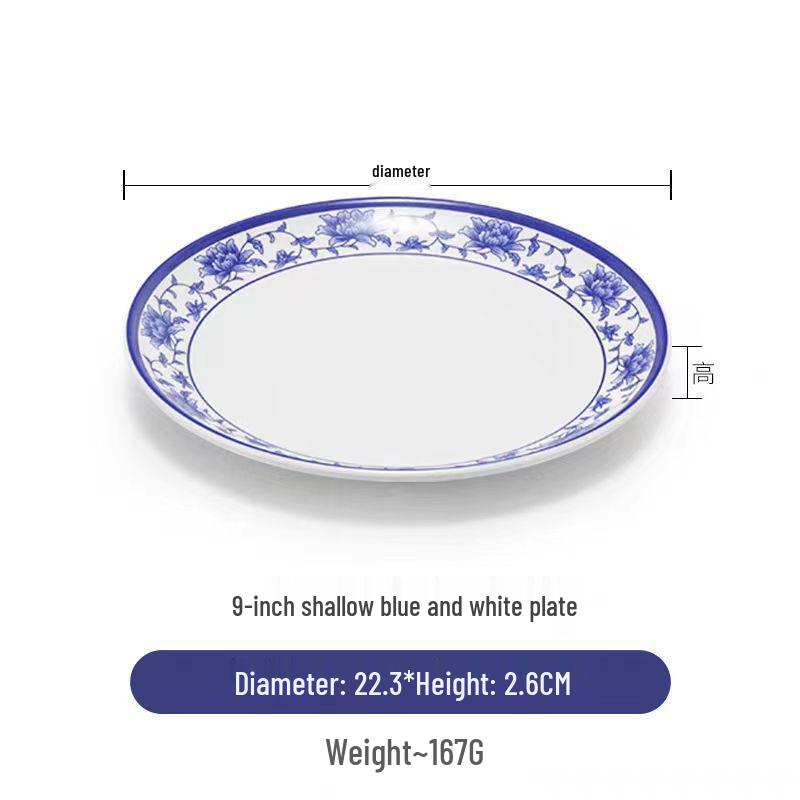 Plato redondo de melamina azul y blanca - Imitación de porcelana gruesa, ideal para salteados, arroz y uso en restaurantes.