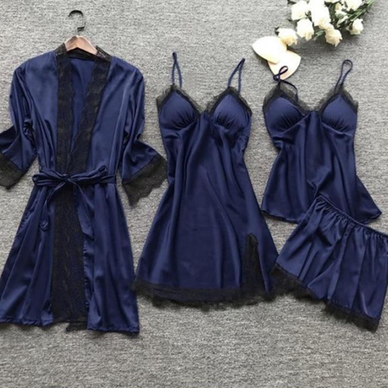 4-teiliges Nachtwäsche-Pyjama-Set aus Seide für Damen, Nachthemd, Spitzenkleid, Bademantel, Schlafanzug, Nachtwäsche aus Seide, einfarbig, Pijama-Sets