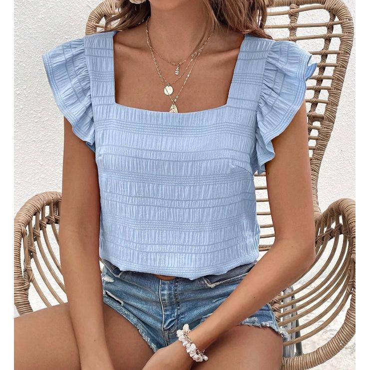 Damen T-Shirt Sommer Casual Kurzarm Frühling und Sommer Neu Eckiger Kragen Rüschenhemd Top