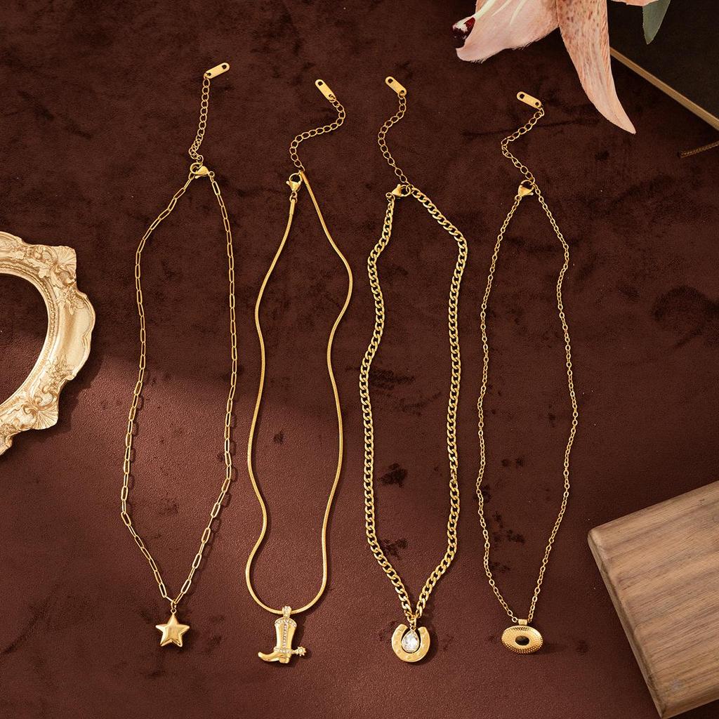 Stainless Steel Retro Cowboy Boots & Horseshoe Necklace with 18K Gold Electroplating