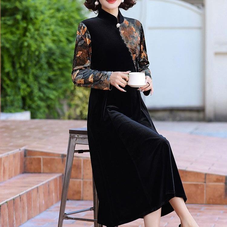 Women's Loose Plus Size Velvet Dress Color-Block Printed Velvet Long A-Line Dress