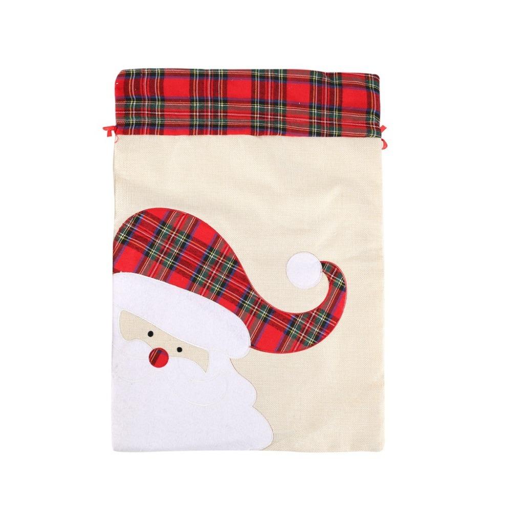 Large Christmas Gift Bag Plaid Applique Drawstring Pocket Candy Bag Christmas Handbag Xmas