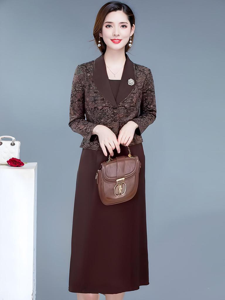 2026 Spring Slimming Temperament Dress: Mid-Length Two-Piece Style with Age-Reducing Print for Women