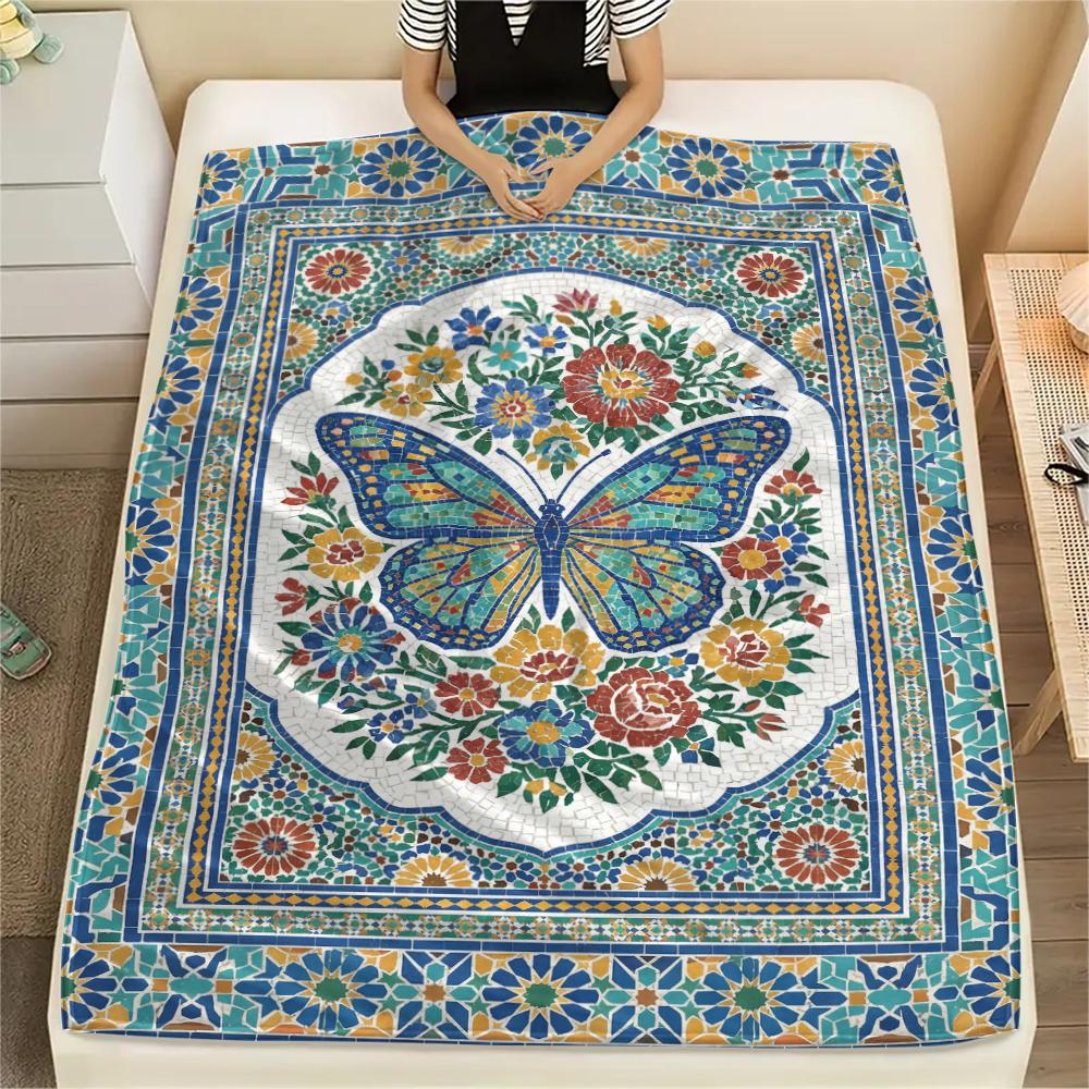 Moroccan Butterfly Print Flannel Blanket, High Quality Comfortable for All Seasons, Home Decor, Warmth and Comfort, Perfect for Christmas Gifts79