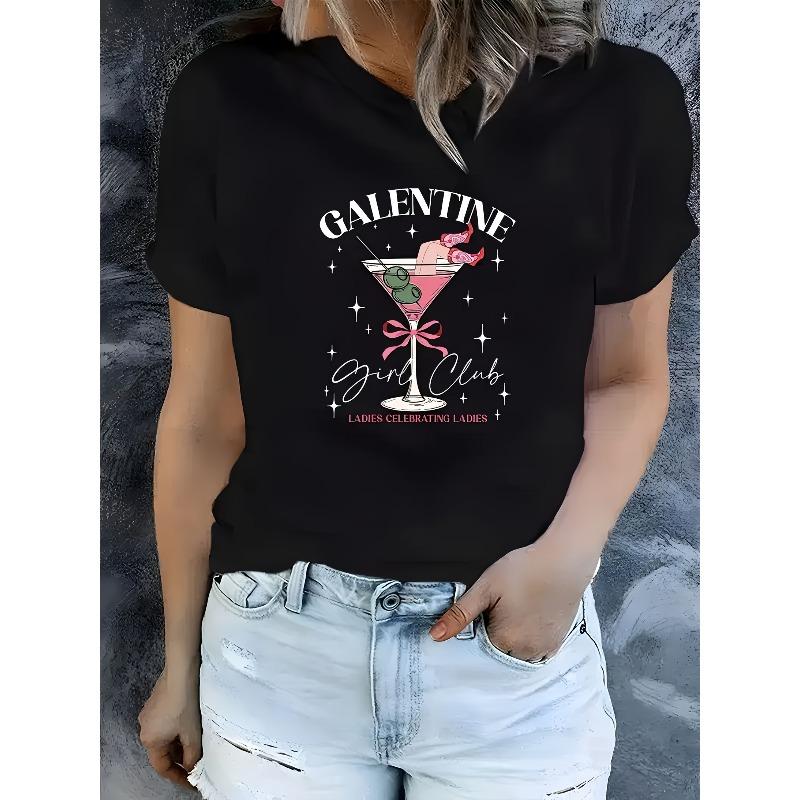 

European sizes Women S Galentine S Club Graphic T-Shirt - Casual Crew Neck Short Sleeve Top with Martini Design 4XL
