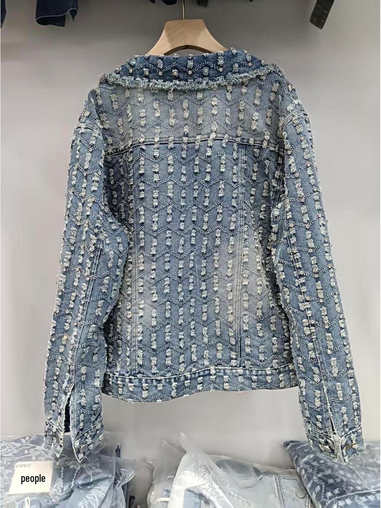 2025 Retro Ausgefranste Bestickte Strassstein Jeansjacke