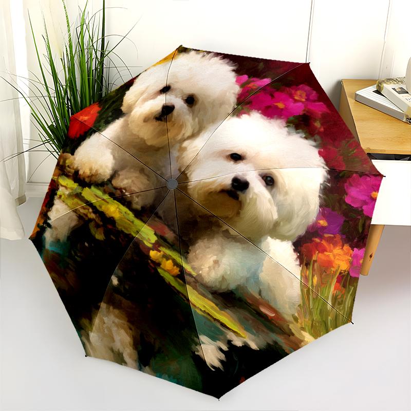 Two Bichon Pattern, Automatic Folding Umbrella, Portable and Foldable Design, 8 Ribs, a Christmas or Birthday Gift.
