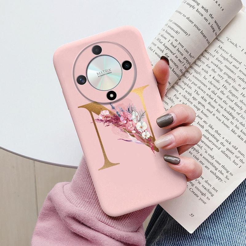 Buchstaben-Handyhülle für Honor X9b X9a Magic5 Lite Magic6 Lite 5G Hülle Retro-Blumen Rosa Schwarz Weiches TPU Initialen Silikon Fundas