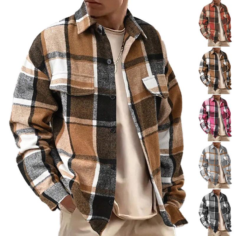Men's Retro Plaid Brushed Long Sleeve Shirt Jacket with Elegant Lapel