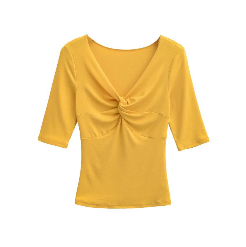 Kink V-neck Medium-sleeved T-shirt Women's Summer New American Spice Girl Style Solid Color Slim-fitting Slim Bottom Top
