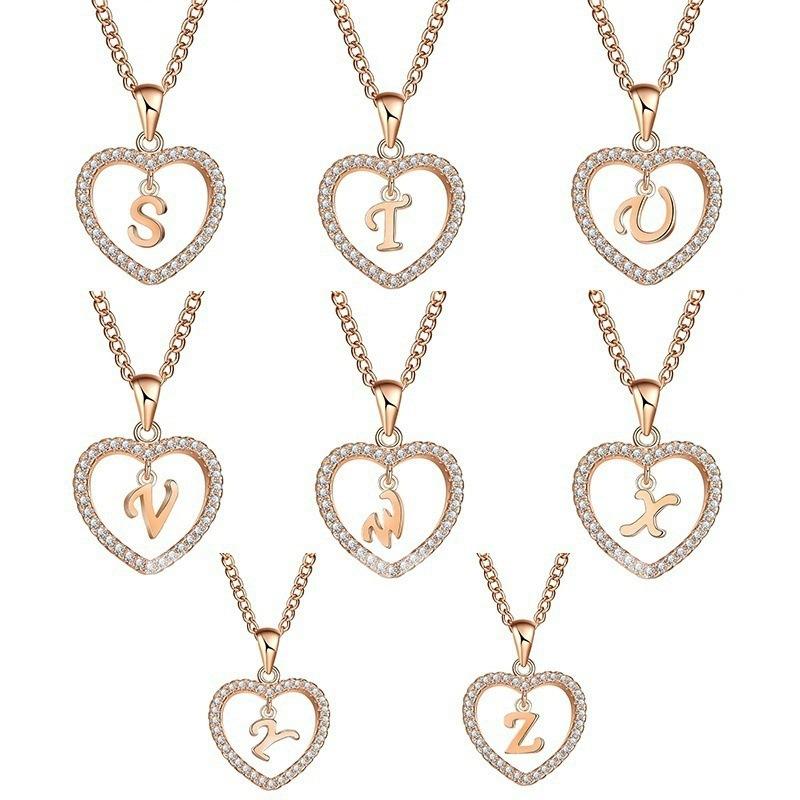 Heart Pendant Zircon Letter Necklace - 26 Letters Available