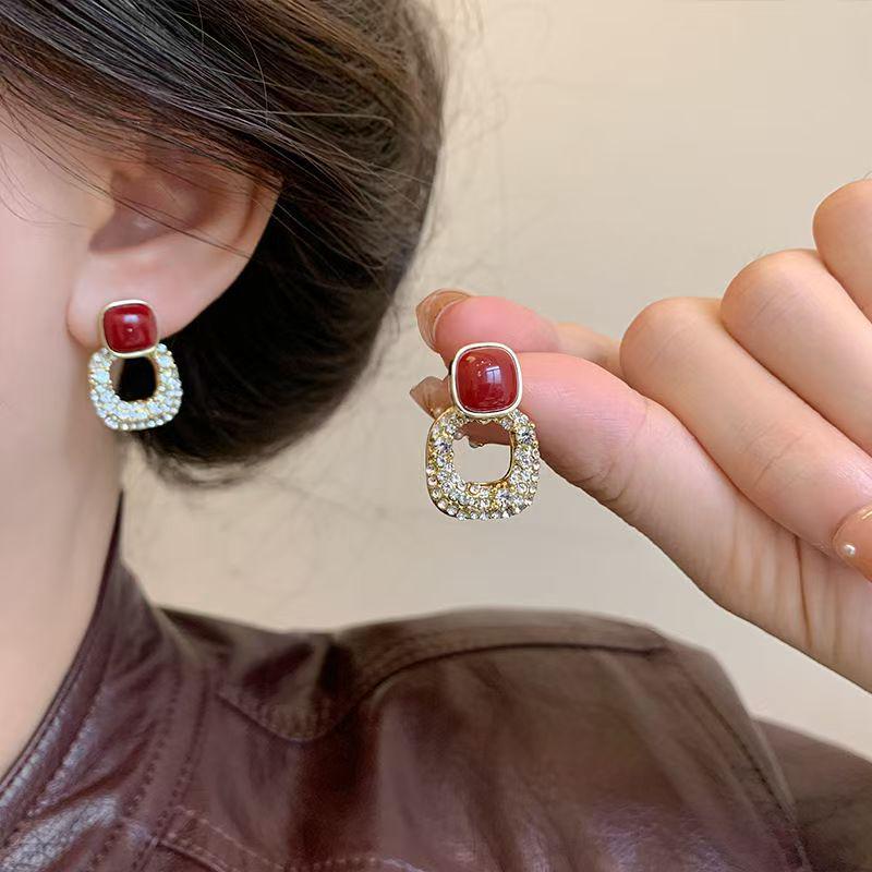 Geometric Red Ankola 925 Silver Earrings for Women - Festive Autumn/Winter Temperament