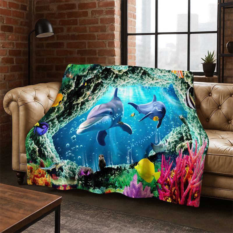 3D Illusion Underwater World Marine Life Shark Dolphin Cartoon Flannel Blanket Throw Blanket for Bedroom Living Room Bed Travel