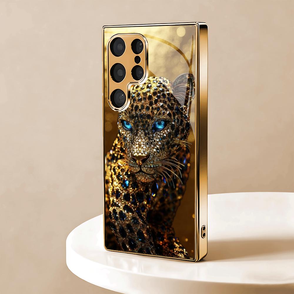 Golden Leopard Electroplated Glass Phone Case Suitable for Samsung Galaxy S26 S25 S24 S23 S22 S20 FE/Ultra/Plus Anti Drop