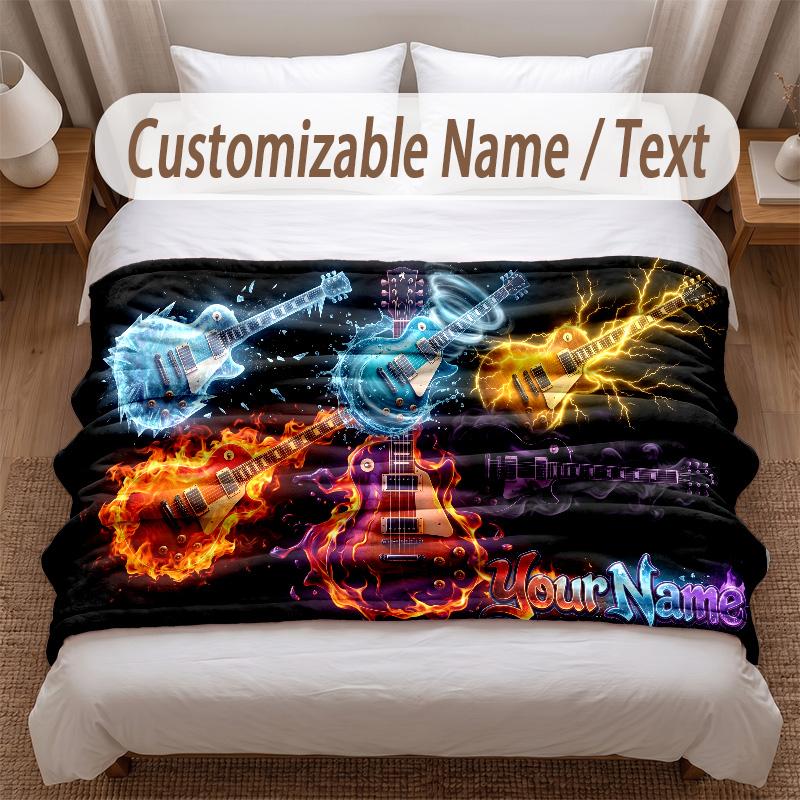 Music Guitar Theme Soft Blanket Personalized Custom Name Text Print Warm Blanket Home Sofa Bedroom Decor