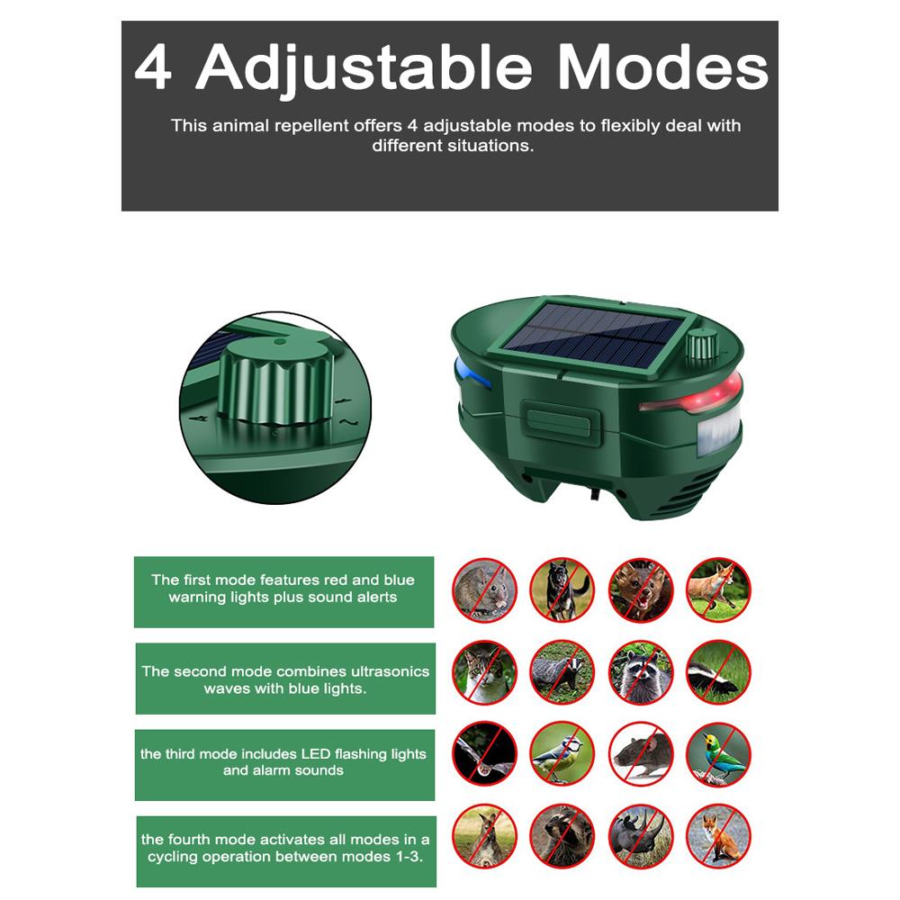 Ultrasonics Solar Animal Repeller Outdoor Dog Cat Rat Repellent Waterproof with Motion Sensor 4 Working Modes for Repelling Cat Dog Bird Rat Skunk Squ