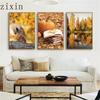 Autumn Forest Pumpkin Maple Leaves Landscape PosterWall Art Canvas Painting Squirrel  and Painting Wall Posters Livingroom Decor