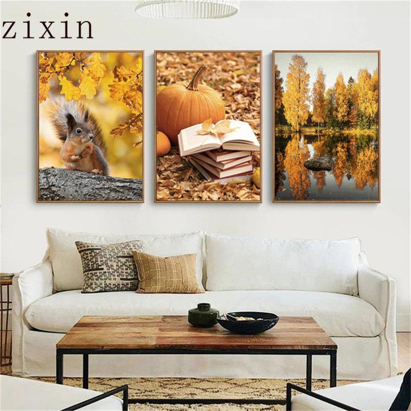 Autumn Forest Pumpkin Maple Leaves Landscape PosterWall Art Canvas Painting Squirrel  and Painting Wall Posters Livingroom Decor