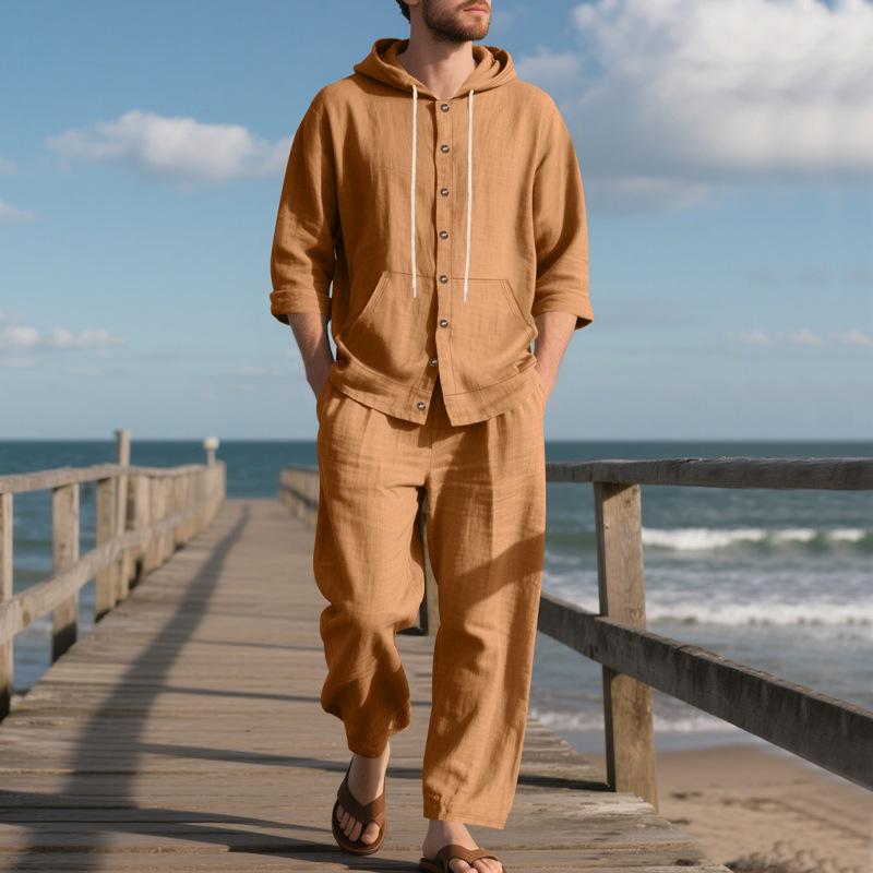Men's Spring Casual Linen Beach Hooded Shirt Long-sleeved Trousers Suit