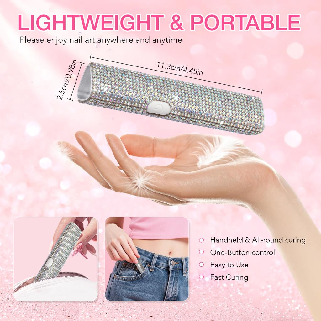 DianaBeauty Handheld UV Nail Lamp Portable Mini Nail Dryer with Rhinestone Manicure Lamp with Two Timer Settings Nail Tools
