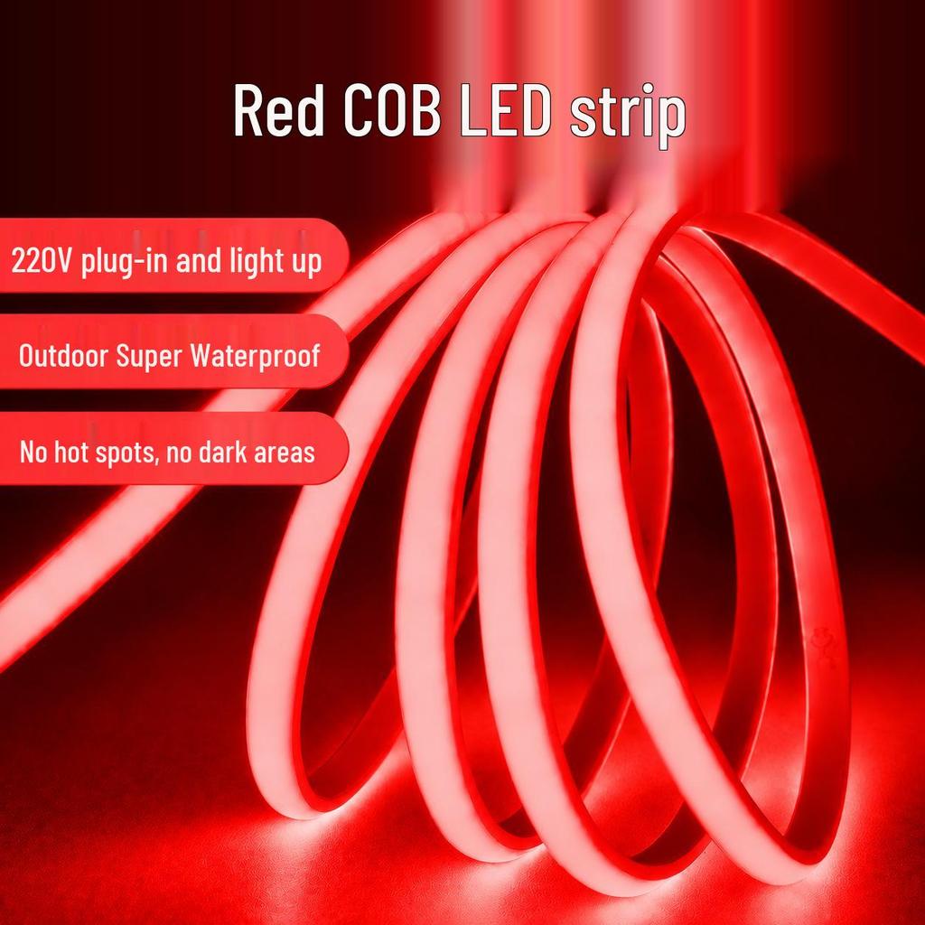 220V Plug-in COB LED Strip Light, Waterproof, Self-Adhesive, Flexible Silicone for Outdoor Use