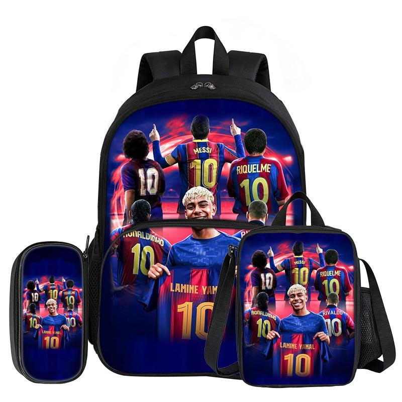 Set de 3 piezas L-Lamin Yamal con Mochila con Bolsillo Frontal Material Escolar Estrella de Fútbol Bolso Escolar, con Bolsa para el Almuerzo, Estuche, Mochila