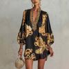 Europa und Amerika 2026 Urlaub Retro Leo-Muster Blumenmuster Stehkragen V-Ausschnitt Laternenärmel Locker kurzes Kleid