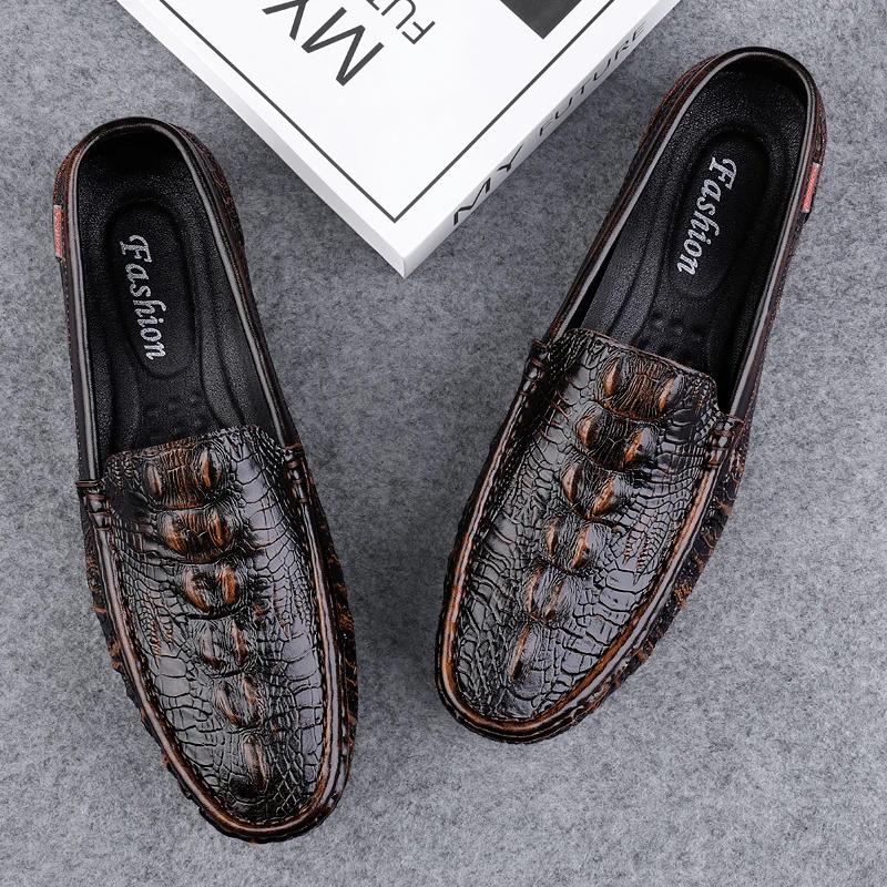 Fashion Crocodile Pattern Mens Loafers Genuine Leather Casual Shoes Men Slip-On Shoes Lightweight Man Driving Flat Fashion New Mocasines