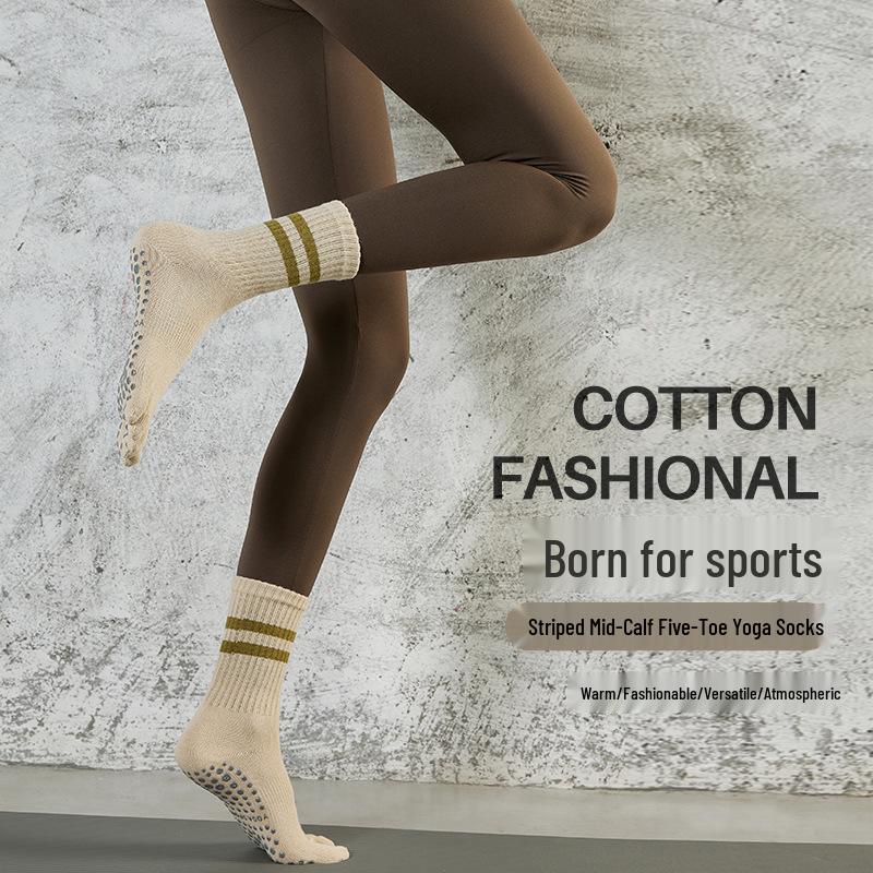Spring Striped Non-Slip Women's Yoga Toe Socks - Long Sport Style for Pilates, Mid-Calf Length