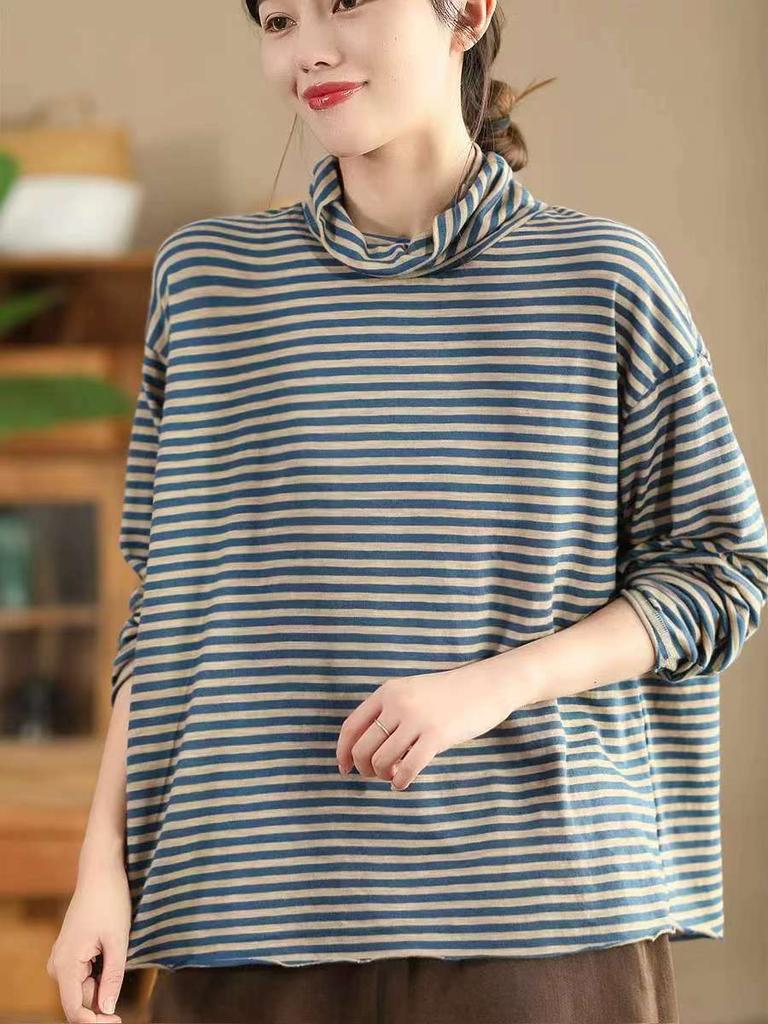 Johnature Mote Casual Vintage Stil Løs Stripe Rullekrave T-skjorte Dame Vinter Langermet Spleiset T-skjorte