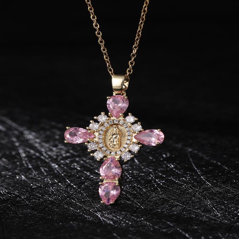 Retro Gilded Cross Necklace European Zircon Crucifix Light Crystal Pendant for Prayer Events Spiritual Gift A7