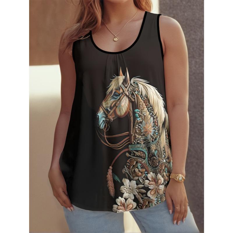 Plus Size, Women s Plus Size Pleated Vest Summer Style Versatile Casual 3D Print Pattern 1XL