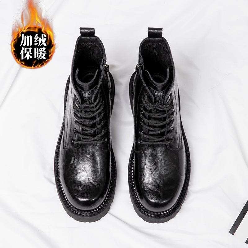 Martin boots men's leather British style tooling boots trendy autumn and winter new high-top velvet leather boots thick-soled thermal cotton