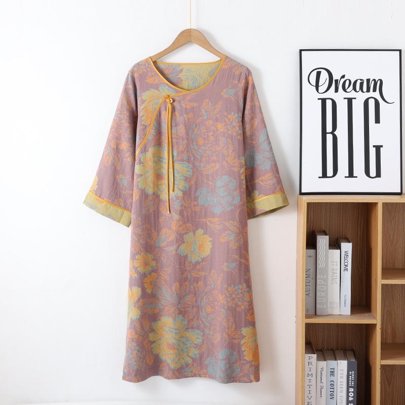 Retro Chinese-Style Cotton Gauze Nightdress - Women's Nine-Sleeve Mid-Length Spring/Autumn Homewear