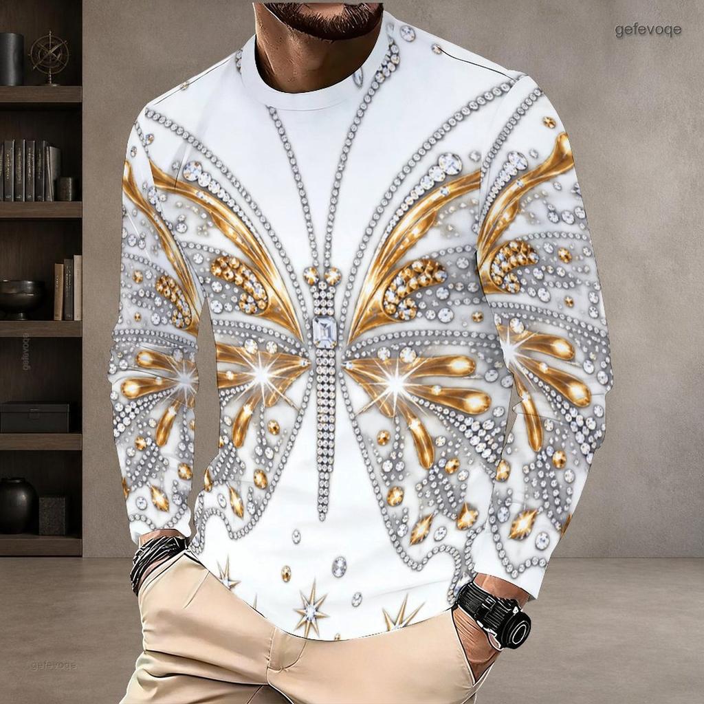 Men s Plus Size Round Neck Long Sleeve Black Golden Printed Straight Hem Pullover T Shirt